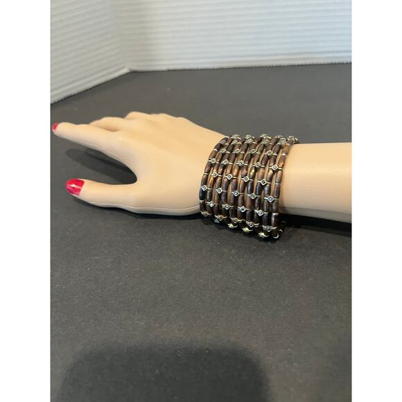 Vintage Boho Multi-Tone Bronze Metal Beaded with Rhinestones Stretch Bracelet - Picture 3 of 6